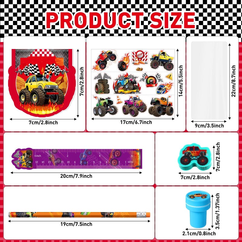 Cholemy 168 Pcs Monster Truck Party Favors Truck Party Supplies Monster Truck Stationery Set Notebook Sticker Stamper Eraser Ruler Pencil Bag for Truck Baby Shower Birthday Party Gift Classroom Prize - Image 2